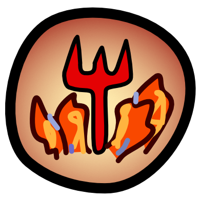 a circle with a black outline, and gradient interior, (radial gradient, off white to reddish orange). Inside the circle is a red pitchfork surrounded at its base by flames. 